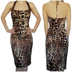 🐆 Caché, Vintage Wild Side Animal Print Satin Halter Dress